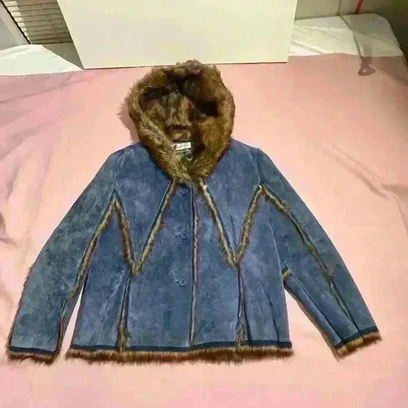The LOOK Randolph Duke Womens Suede & Faux Fur Blue Fox Jacket Hood Size Large - Picture 11 of 16